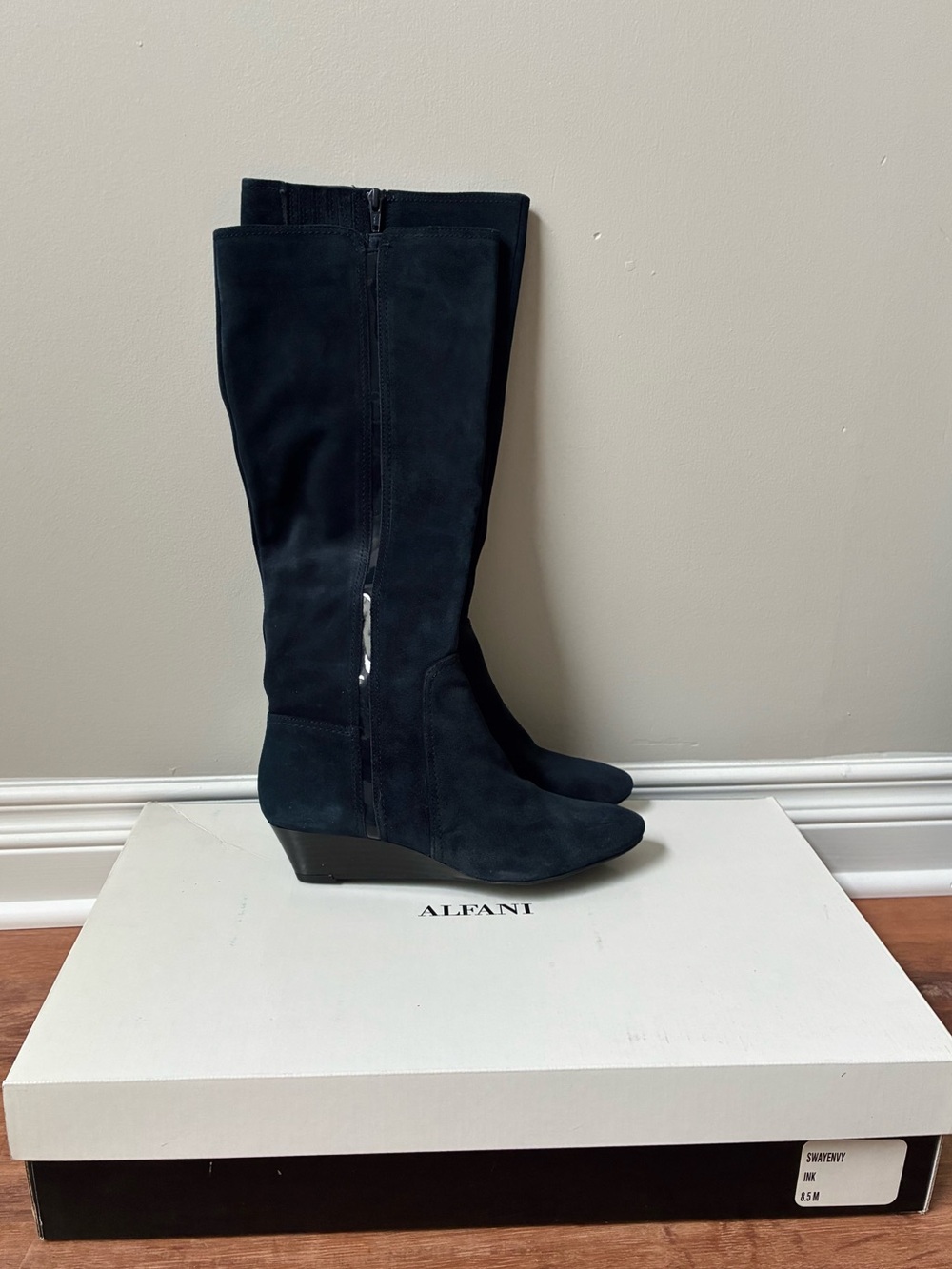 Alfani Suede Leather Knee High Boots, NIB, Navy Blue, Sway Envy